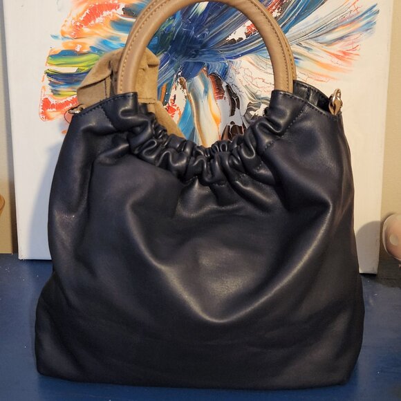 NEW Medium size WHO WHAT WEAR blue|tan faux leather hand|crossbody bag - Picture 1 of 10